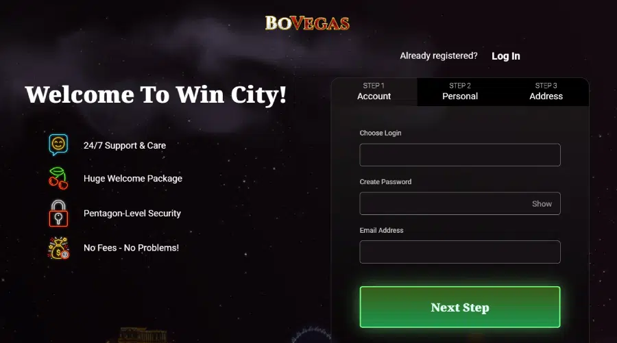 Bovegas Casino Login Page